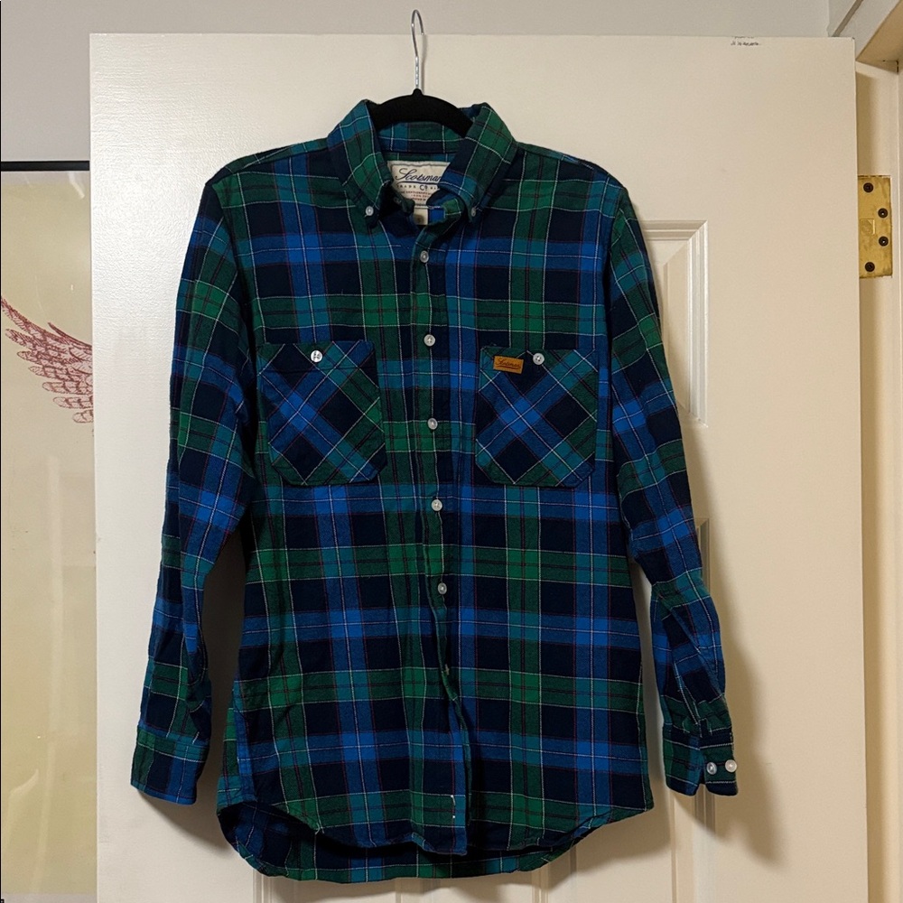 Men's Green and Blue Plaid Button-Down Shirt